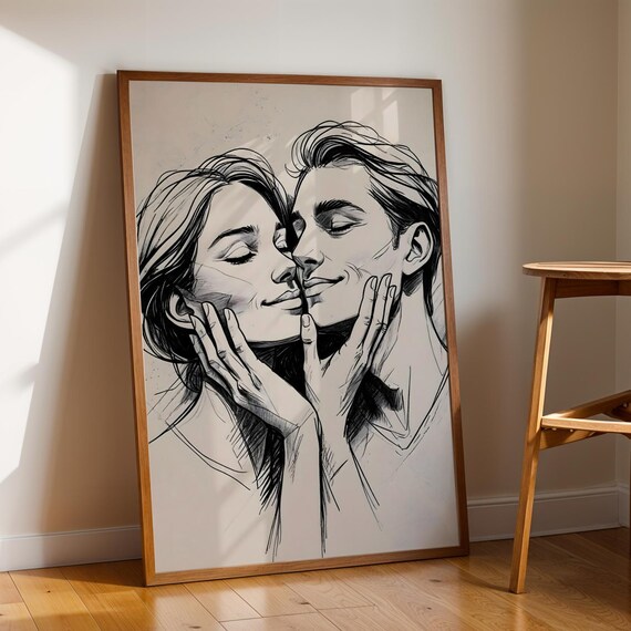Beautiful Romantic Couple Embrace Minimalist Sketch Love Art Poster