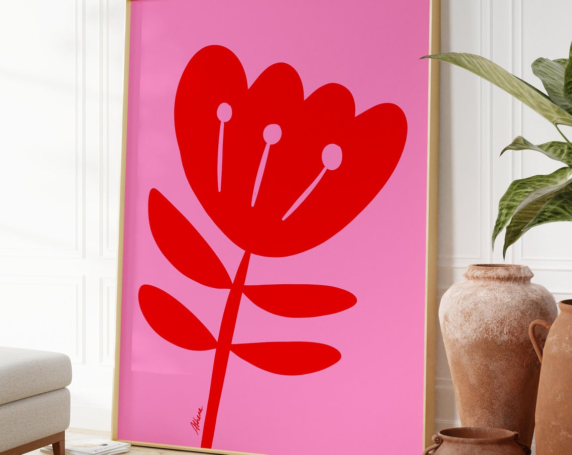 Danish Pastel Wall Art Apartment Decor Pink And Red Prints Dopamine Abstract Mid Century Modern Flower