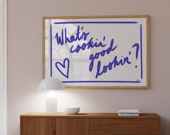 Whats Cookin Horizontal Kitchen Prints Danish Pastel Decor Apartment Dopamine Navy Blue Wall Art Bar Cart