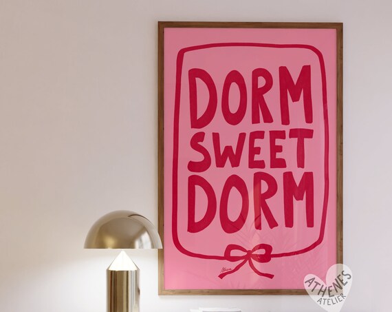 Dorm Sweet Dorm Bold Pink Hand Lettered Quote Typography Wall Art
