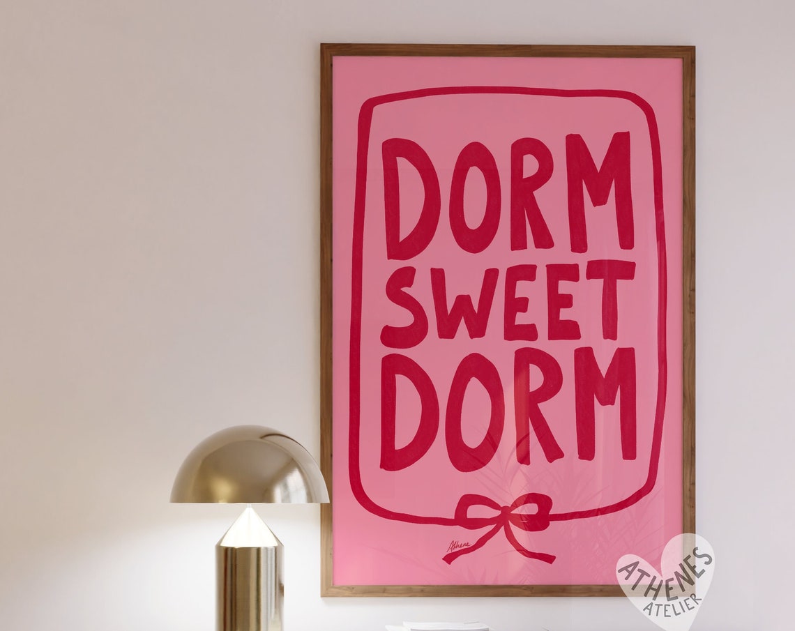 Dorm Sweet Dorm Bold Pink Hand Lettered Quote Typography Wall Art