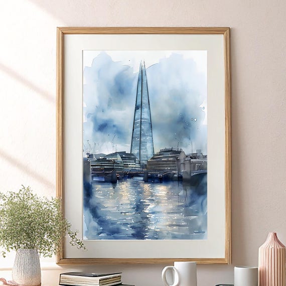 The Shard London Watercolor Print Modern Skyline Wall Art Blue Night Cityscape Bridge Reflection Painting