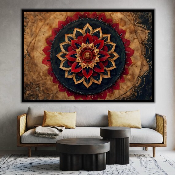 Red Gold Black Floral Mandala Vintage Parchment Boho Spiritual Wall Poster