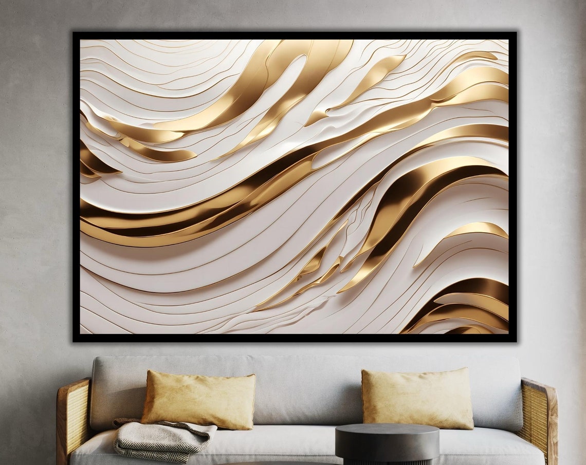 Luxury White Gold Marble Flowing Waves Abstract 3D Modern Wall Poster