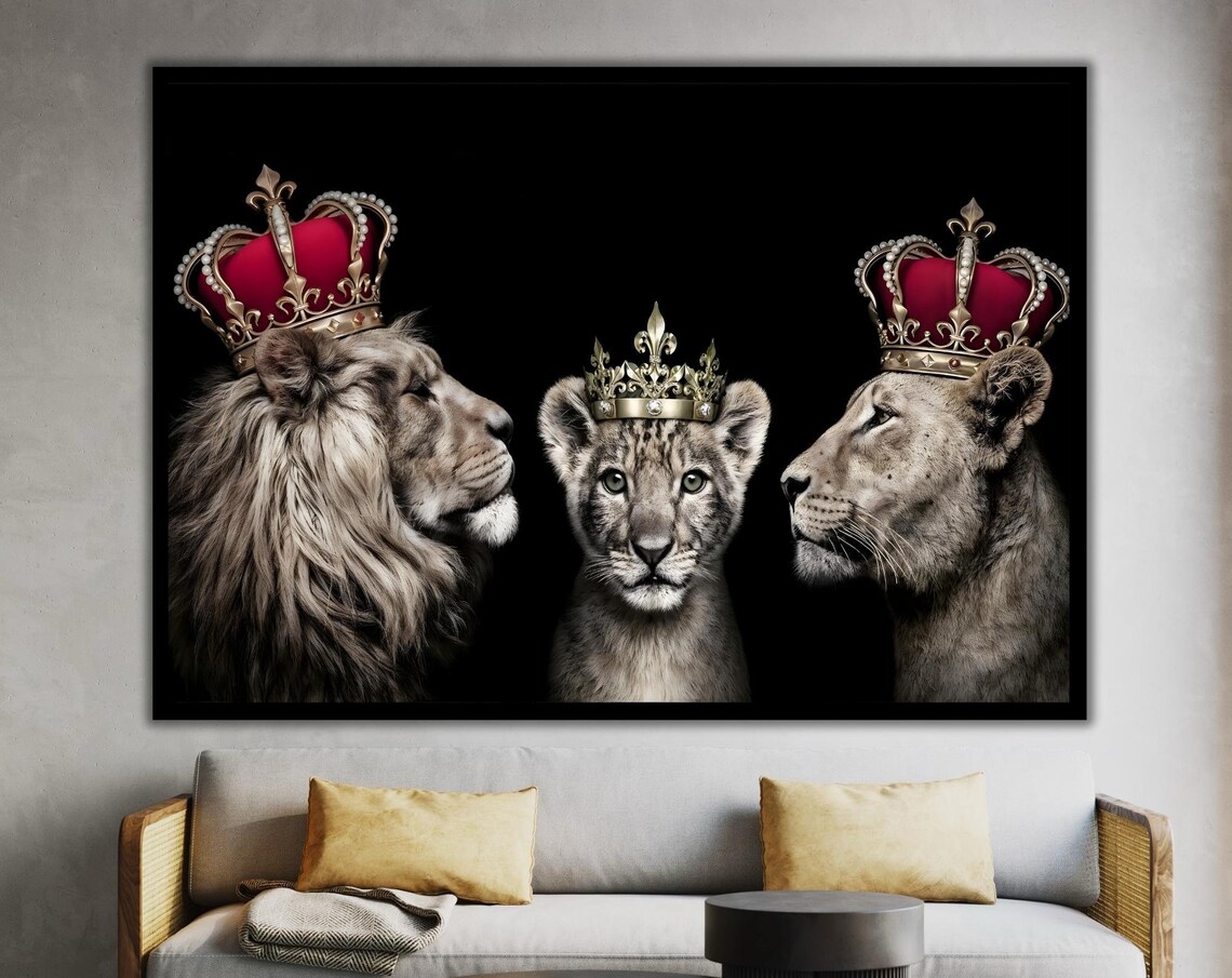 Royal Lion Family Wearing Gold Crowns Black Background Animal Wall Art