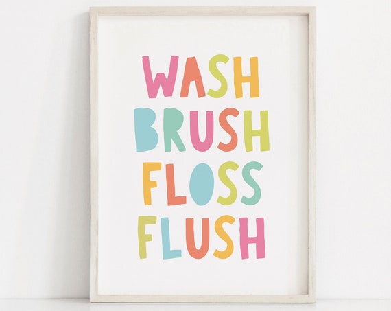 Wash Brush Floss Flush Kids Bathroom Wall Art Rainbow Bathroom Print Childrens Bathroom Art Brush Your Teeth Print Bathroom Printables