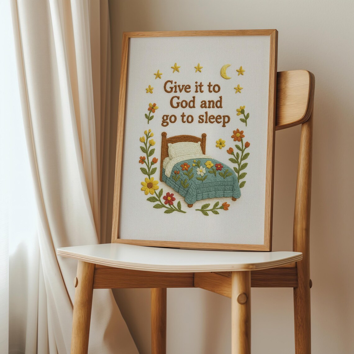 Give It to God and Go to Sleep Cozy Embroidered Bedtime Quote Print