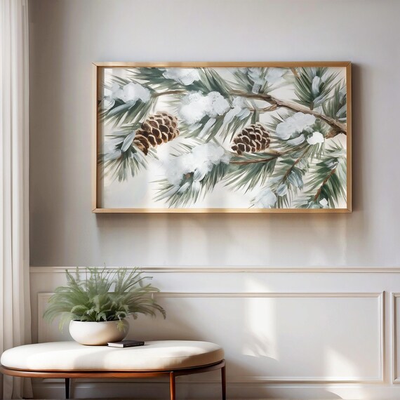 Snowy Pine Branches With Pinecones Winter Watercolor Art Poster