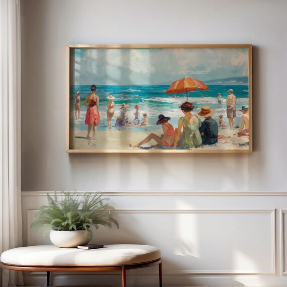 Vintage Beach Bathers Umbrella Retro Summer Oil Painting Poster