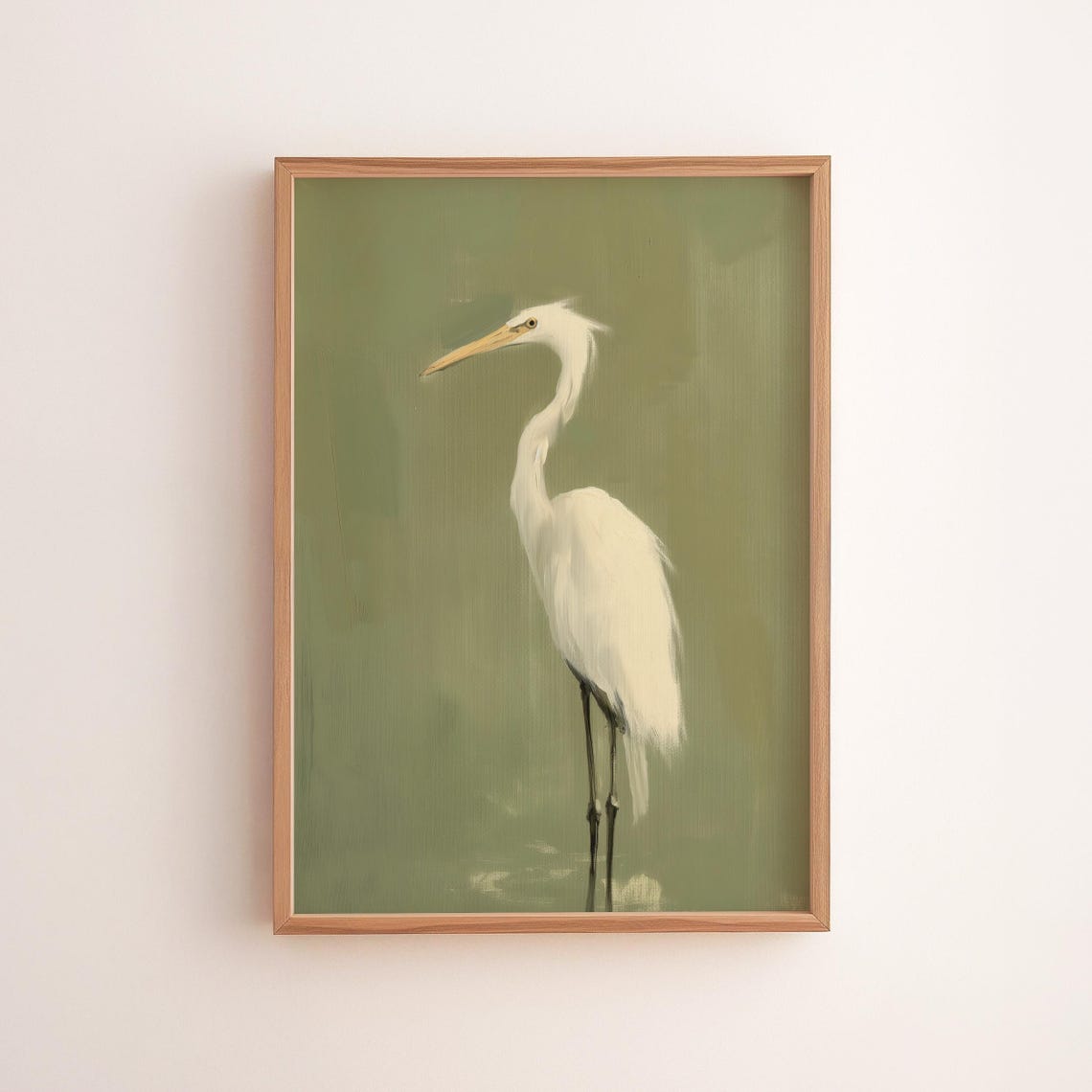 Elegant White Egret Standing on Sage Green Minimalist Bird Wall Art