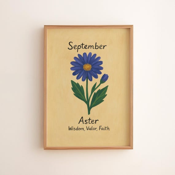 September Aster Flower Print Vintage Botanical Illustration
