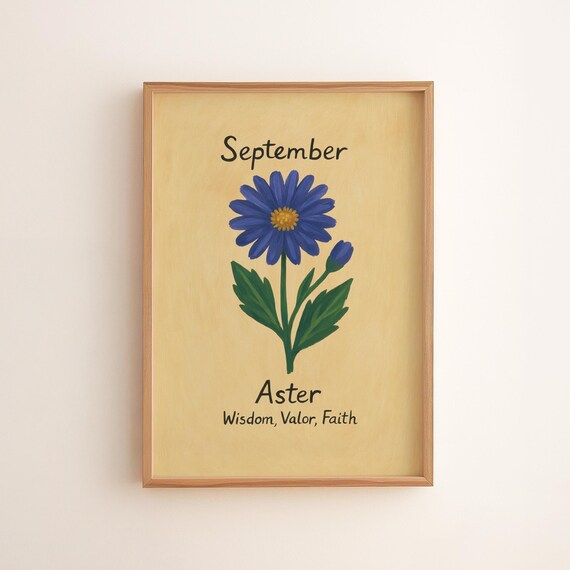 September Aster September Birth Flower Vintage Botanical Illustration Poster