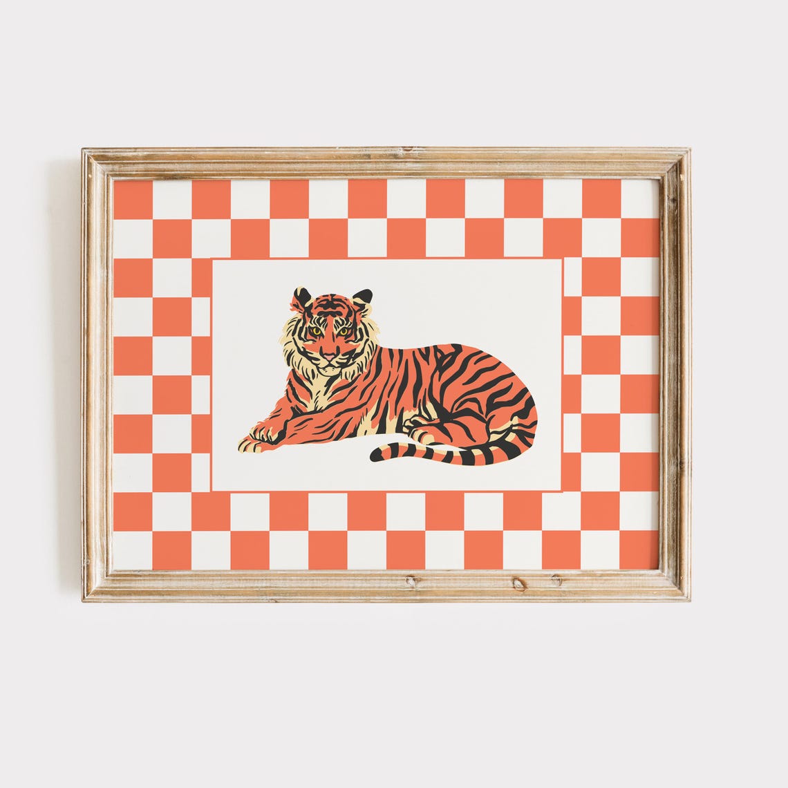 Retro Lounging Tiger Coral Checkerboard Art Illustration Poster