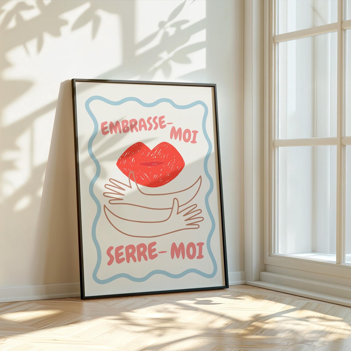 Embrasse Moi Serre Moi French Romantic Red Lips Line Art Poster
