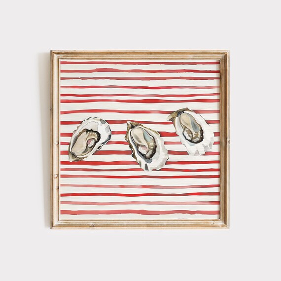 Three Oysters on Red Stripe Coastal Kitchen Nautical Food Art Poster