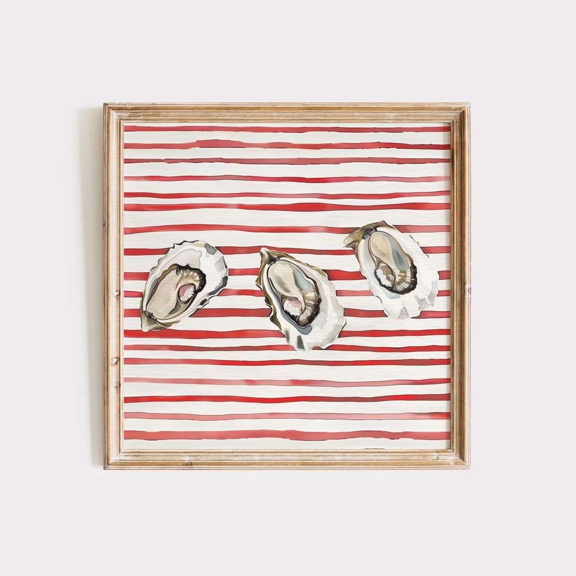 Three Oysters on Red Stripe Coastal Kitchen Nautical Food Art Poster