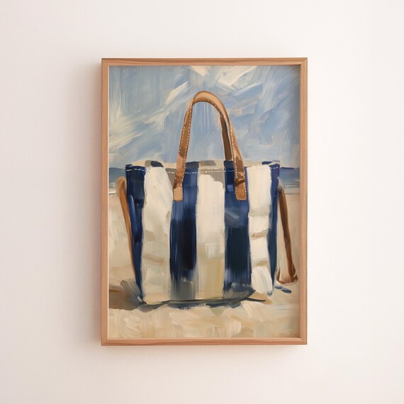Striped Beach Tote Bag Summer Shore Coastal Still Life Poster