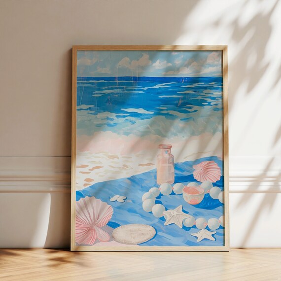 Seashell Still Life Tropical Beach Ocean Waves Pastel Painting Art Poster