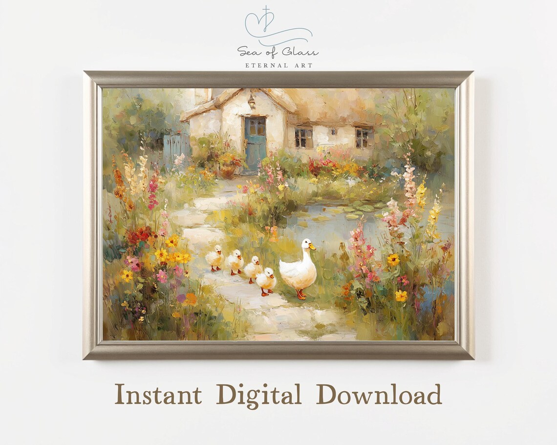 Mother Duck and Ducklings Cottage Garden Vintage Painting Art Print