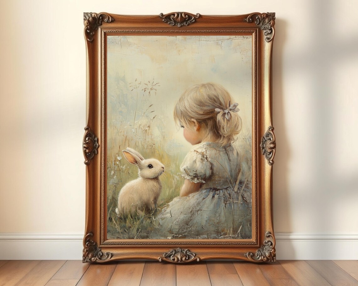 Vintage Girl and Bunny Rabbit Wildflower Meadow Oil Painting Nursery Print