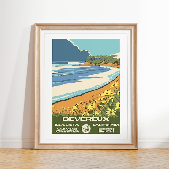 Devereux Art Print Vintage National Parks Style Surf Poster Isla Vista Ca Coastal Surf Decor