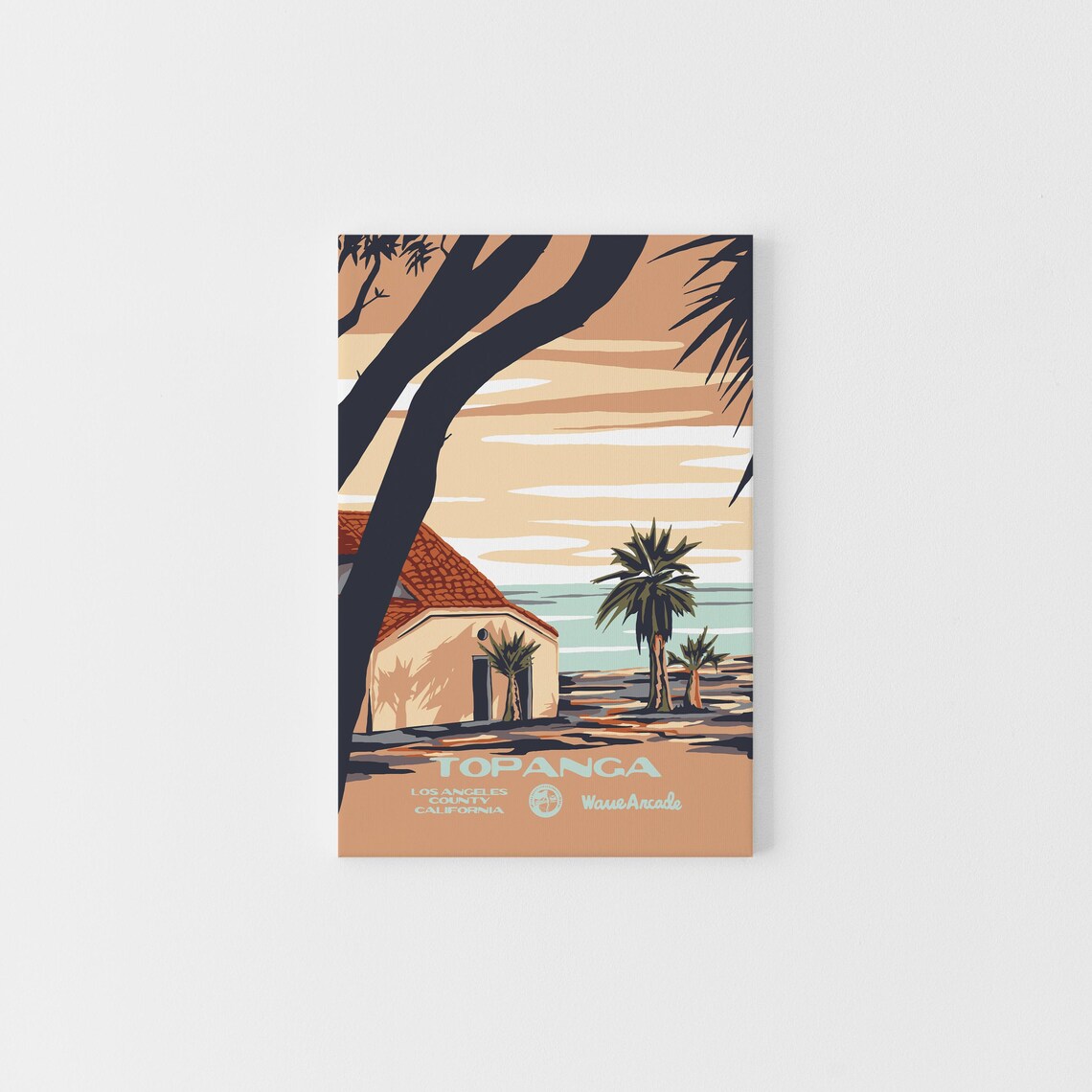 Topanga Los Angeles California Beach Hut Palm Trees Vintage Art Poster