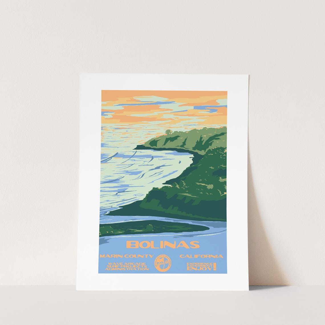 Bolinas Marin County California Coastal Hills Surf Travel Poster