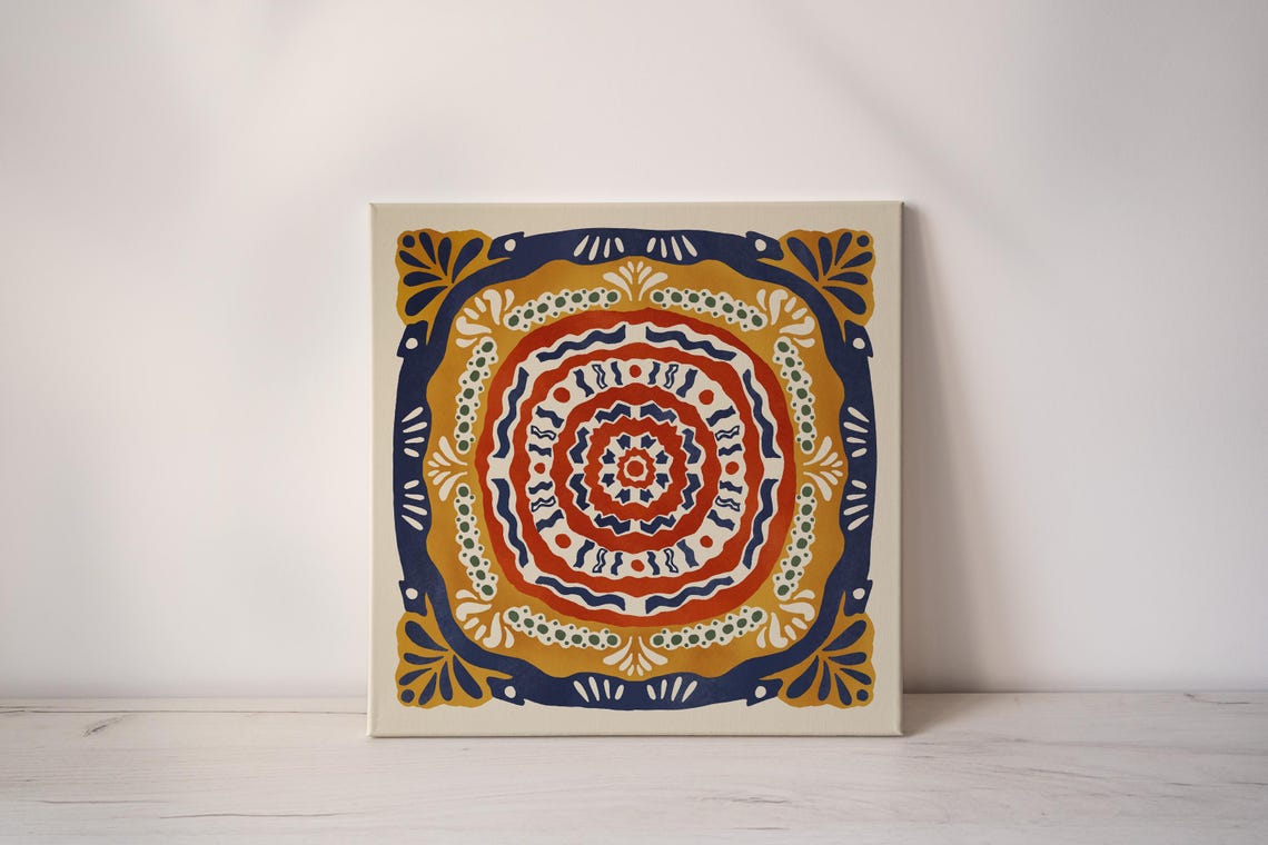 Rust Red Navy Medallion Tile Pattern Talavera Folk Art Poster - Image 2