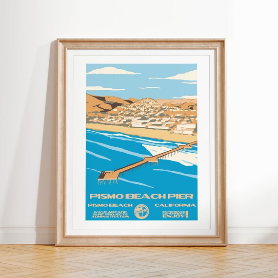 Pismo Beach Pier Art Print Vintage National Parks Style Surf Poster Pismo Beach Ca Coastal Surf Decor