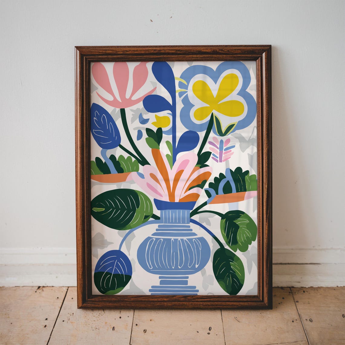 Abstract Floral Bouquet Blue Vase Bold Modern Colorful Flower Wall Art