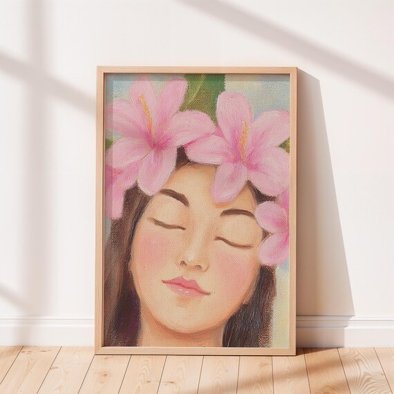 Woman With Hibiscus Flowers Modern Portrait Tropical Home Decor People Painting Abstract Eclectic Prints Maximalist Apartment