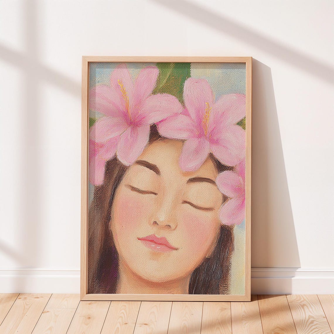 Woman Hibiscus Flower Crown Serene Pink Bloom Portrait Wall Art