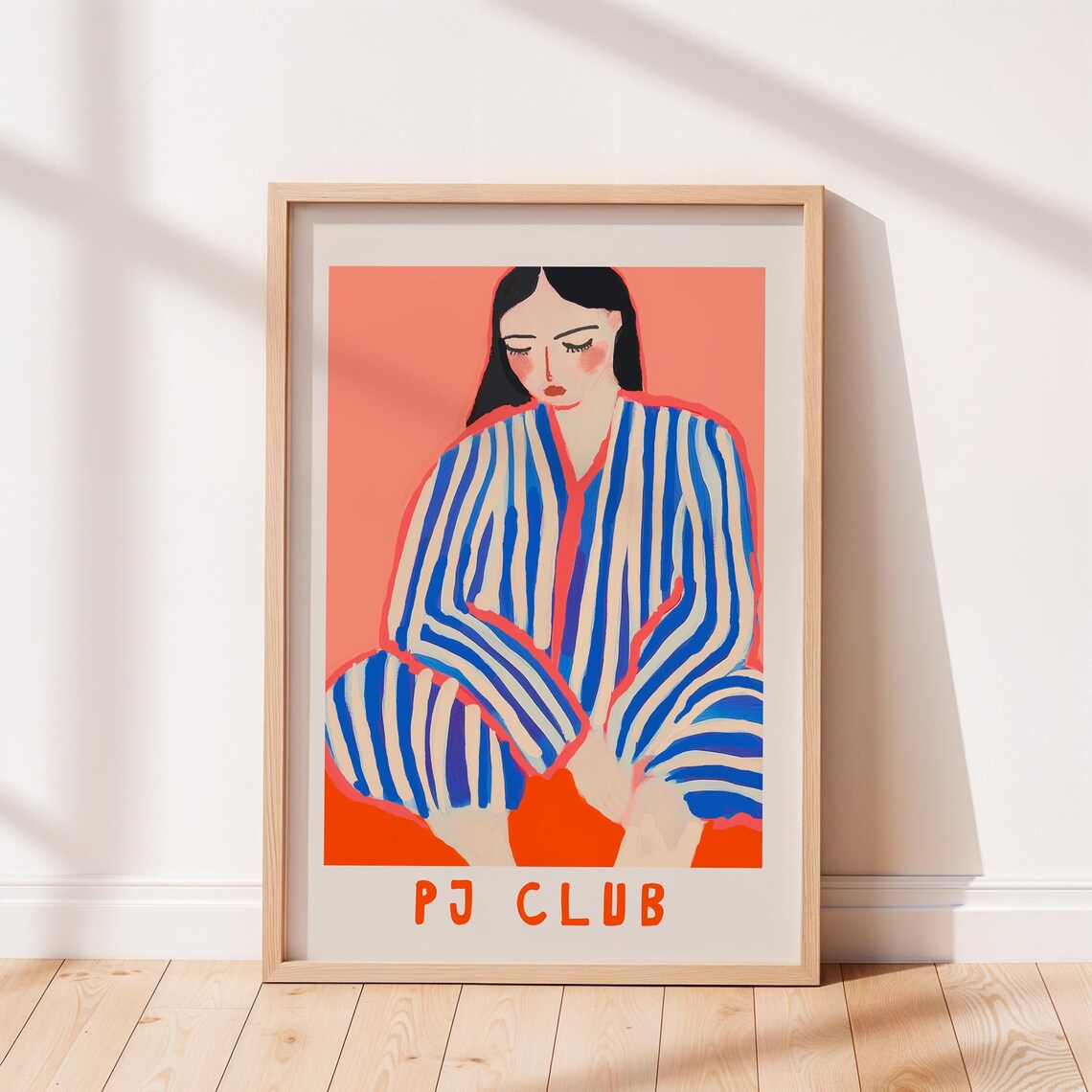 PJ Club Striped Pajamas Woman Cozy Illustration Art Poster Decor