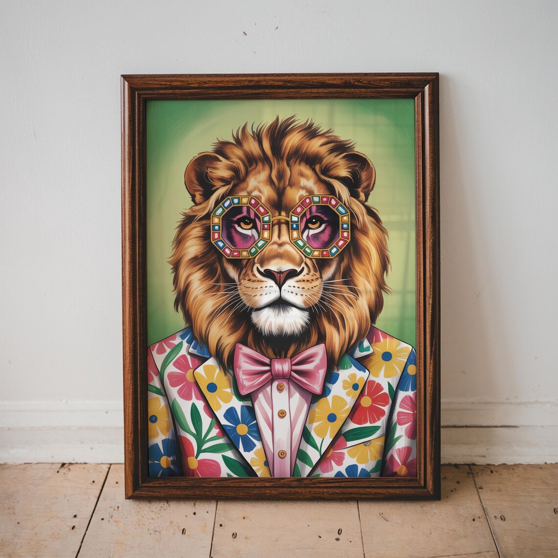 Lion Floral Suit Jeweled Sunglasses Pink Bow Tie Animal Poster