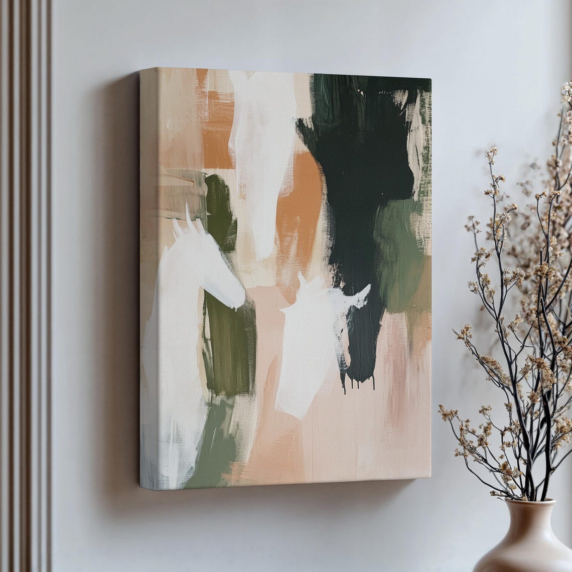 Abstract White Horses Earthy Tones Modern Minimalist Art Poster
