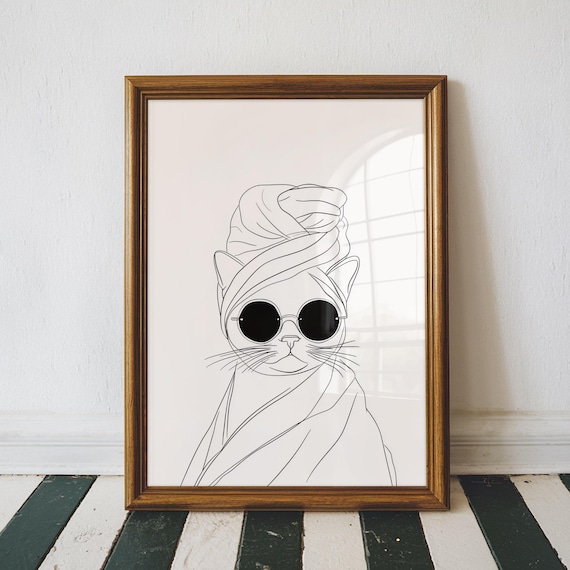 Cat in a Towel Wrap Sunglasses Minimalist Line Art Bathroom Wall Poster