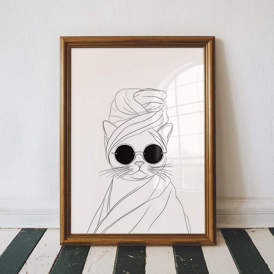 Cat in a Towel Wrap Sunglasses Minimalist Line Art Bathroom Wall Poster