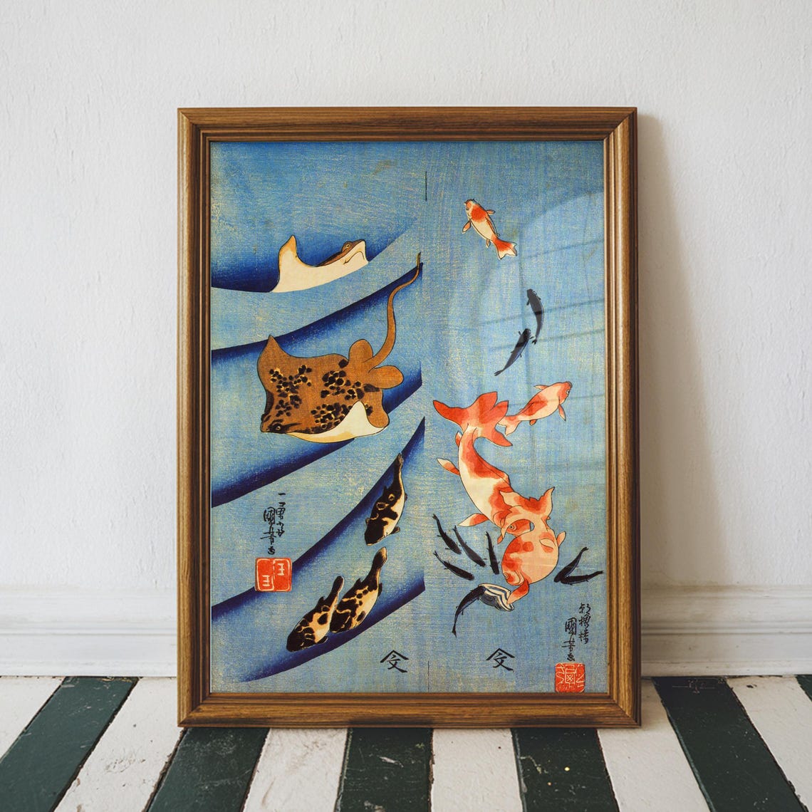Utagawa Kuniyoshi Stingrays and Koi Fish Ukiyo-e Woodblock Print