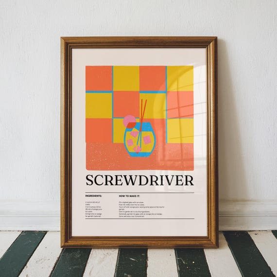 Screwdriver Recipe Art Print Colorful Bar Cart Decor Kitchen Home Party Wall Trendy