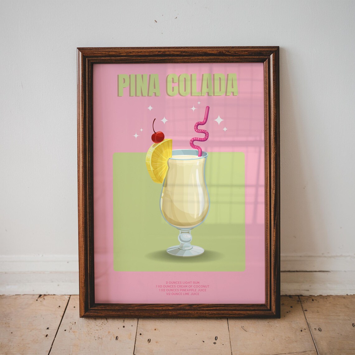 Pina Colada Cocktail Recipe Art Pink Retro Tropical Drink Bar Cart Poster