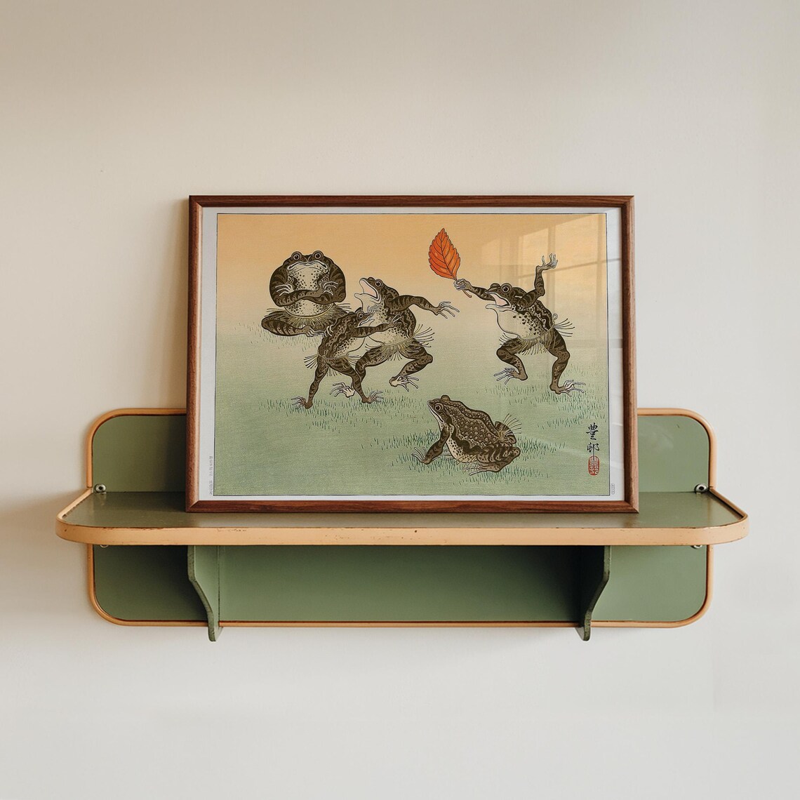 Sumo Frogs Dancing Playful Vintage Japanese Woodblock Art Poster