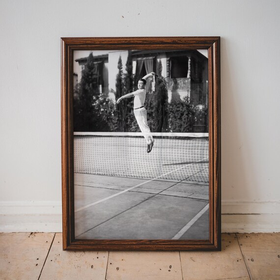 Vintage Tennis Player Leaping Over the Net Black and White Sports Poster