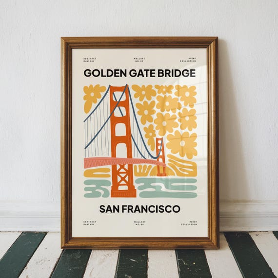 Golden Gate Bridge Modern Travel Poster Decor Print Boho Floral Home Lover Gift Unframed