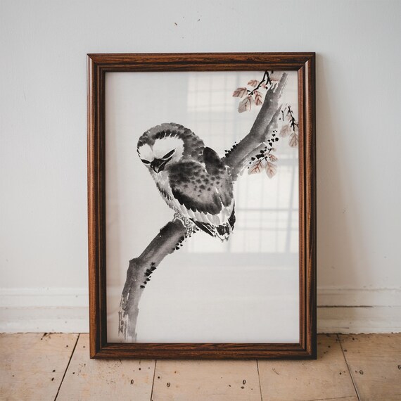 Sleeping Owl on Blossom Branch Japanese Sumi Ink Wash Art Print
