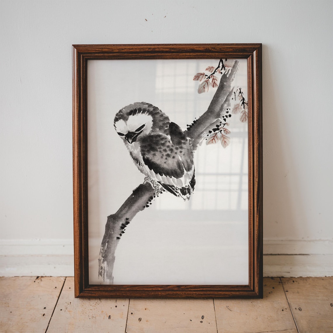 Sleeping Owl on Blossom Branch Japanese Sumi Ink Wash Art Print