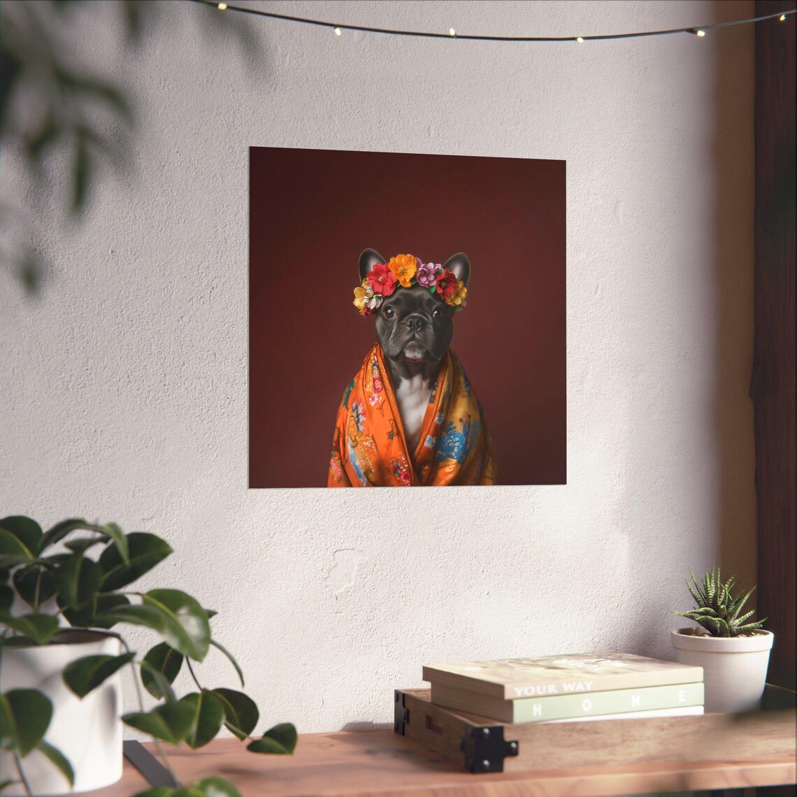 Black French Bulldog Floral Crown Portrait With Kimono Robe Poster