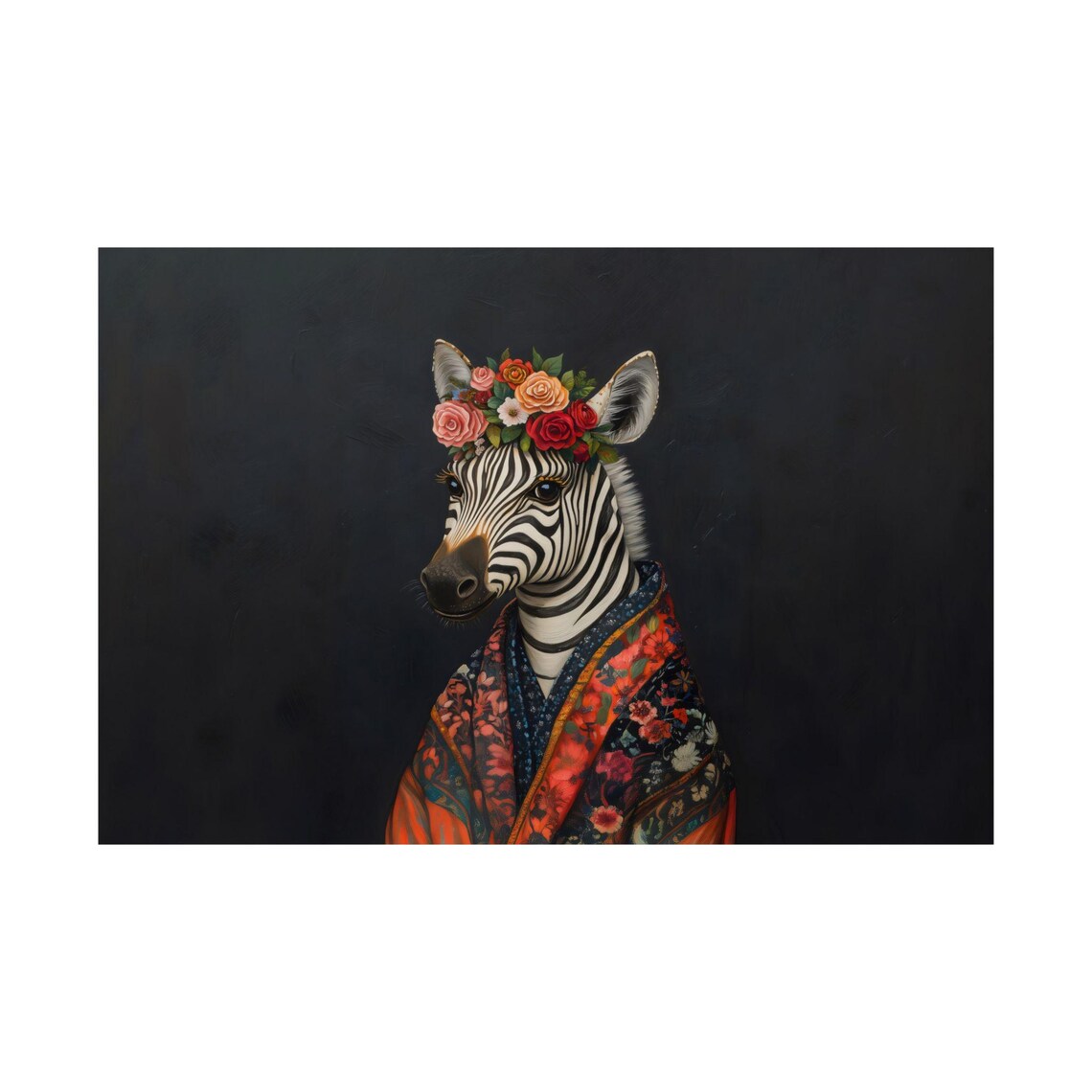 Elegant Zebra Portrait Rose Flower Crown Bold Patterned Robe Animal Poster - Image 2