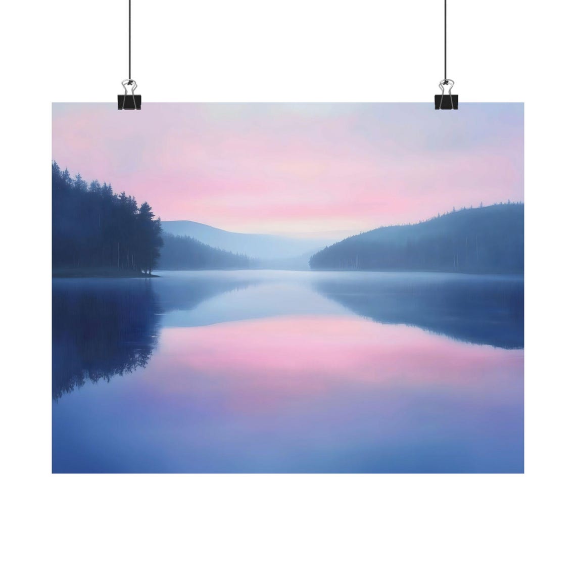 Tranquil Pink Sky Lake Reflection Still Water Morning Poster