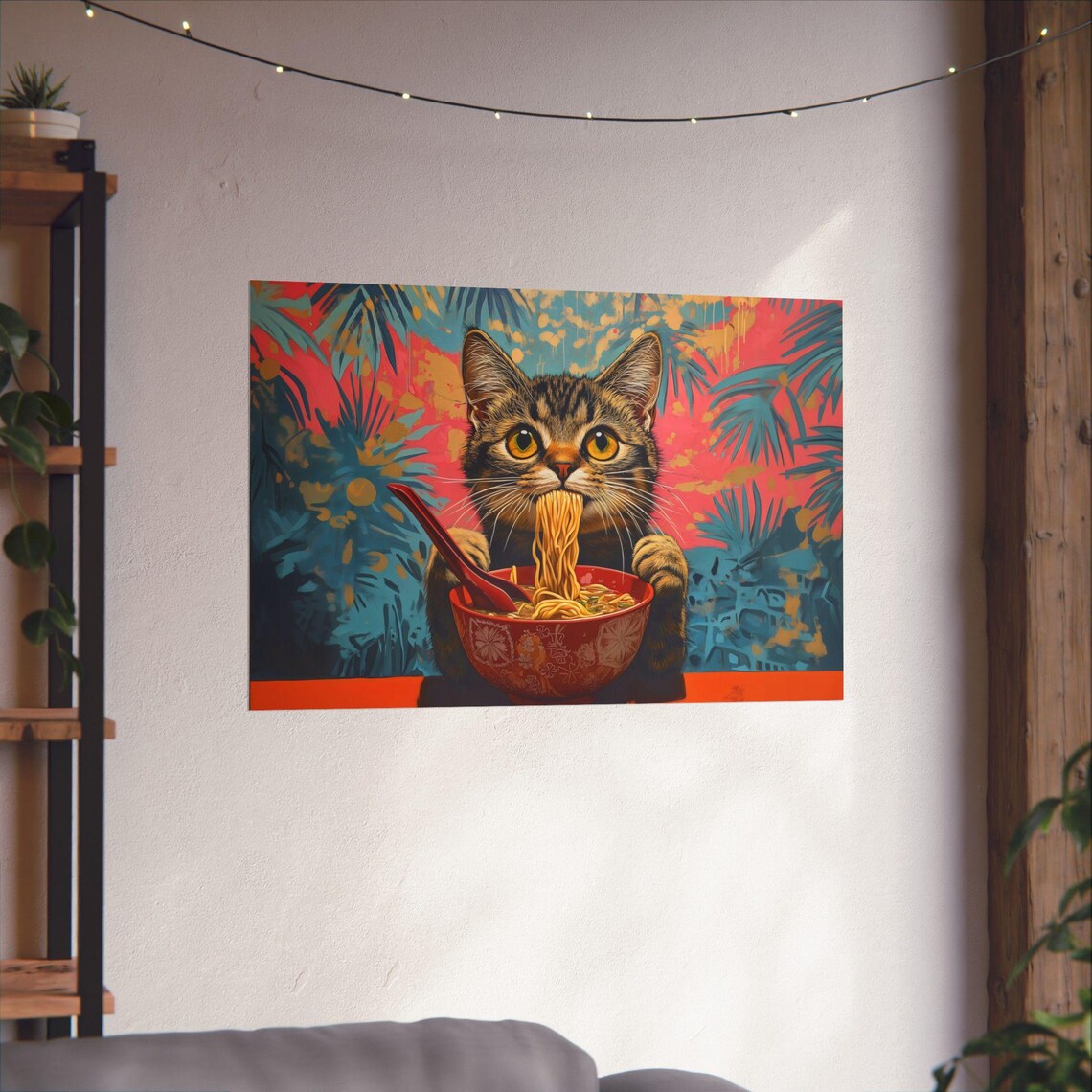 Tabby Kitten Eating Noodles Vibrant Jungle Palm Tree Art Print - Image 2