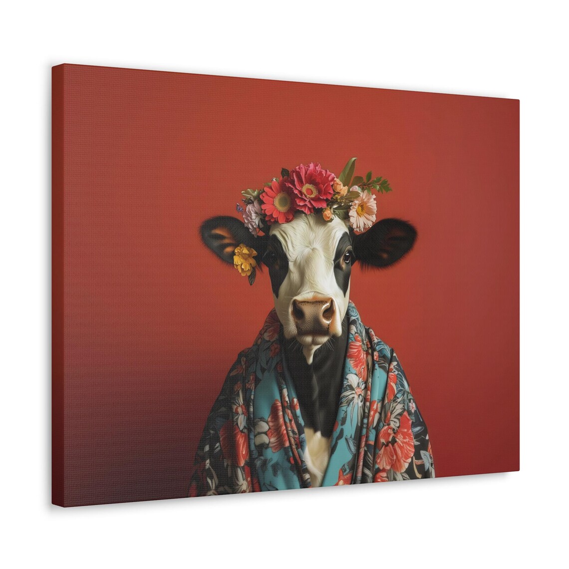 Black White Cow Teal Floral Kimono Flower Crown Animal Poster - Image 2